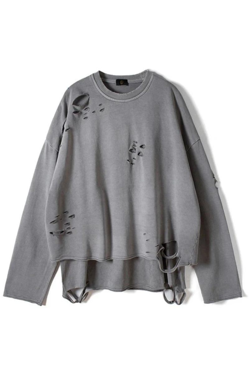 Streetwear Vintage Sweatshirt Efterår Creative Distressed Destroyed Ripped Holes Pullover Bomuld Toppe Løs