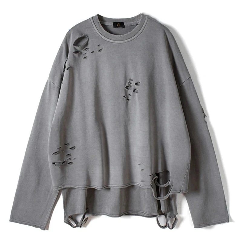 Streetwear Vintage Sweatshirt Efterår Creative Distressed Destroyed Ripped Holes Pullover Bomuld Toppe Løs - Grå