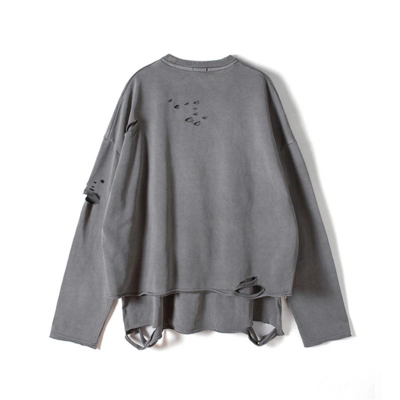 Streetwear Vintage Sweatshirt Efterår Creative Distressed Destroyed Ripped Holes Pullover Bomuld Toppe Løs - Grå