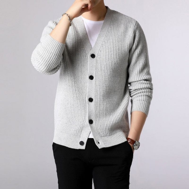 Sweater Herre Cardigan Tykke Slim Fit Jumpers Strik Warm Winter Style Casual Beklædning - Gul