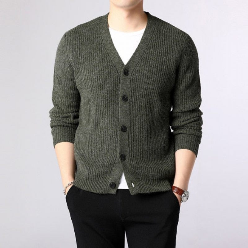 Sweater Herre Cardigan Tykke Slim Fit Jumpers Strik Warm Winter Style Casual Beklædning - Gul