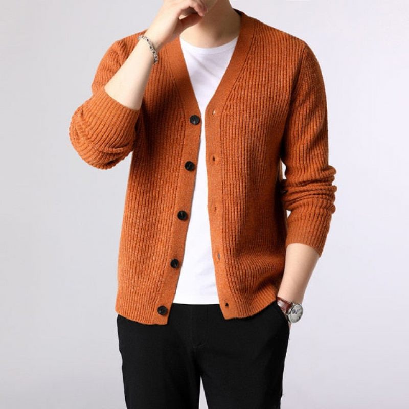 Sweater Herre Cardigan Tykke Slim Fit Jumpers Strik Warm Winter Style Casual Beklædning - Gul