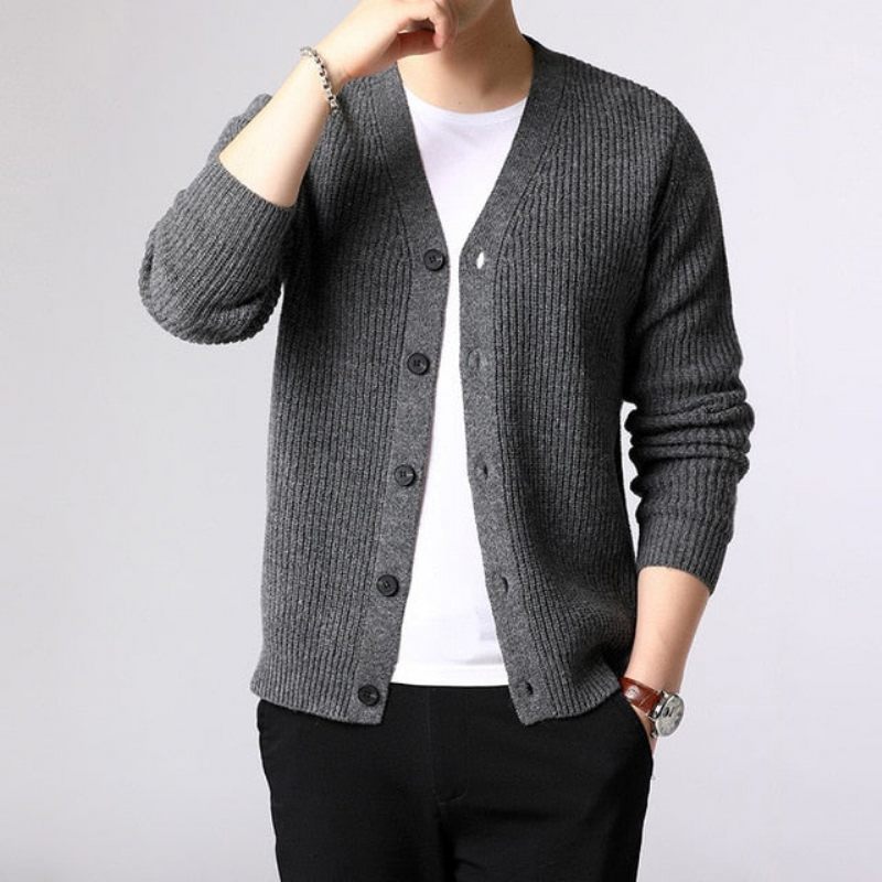 Sweater Herre Cardigan Tykke Slim Fit Jumpers Strik Warm Winter Style Casual Beklædning - Gul