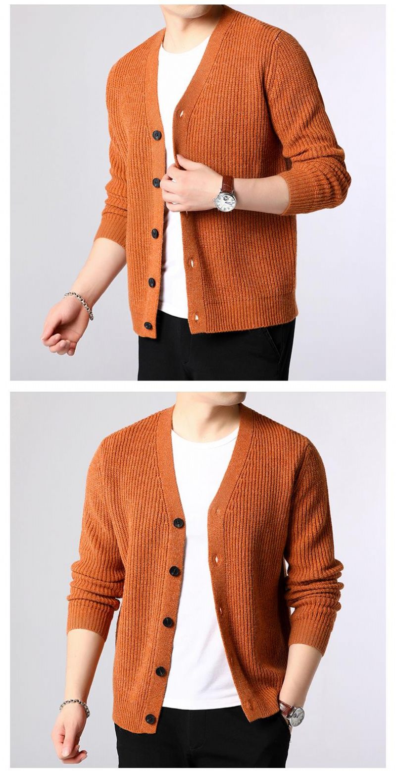 Sweater Herre Cardigan Tykke Slim Fit Jumpers Strik Warm Winter Style Casual Beklædning - Gul