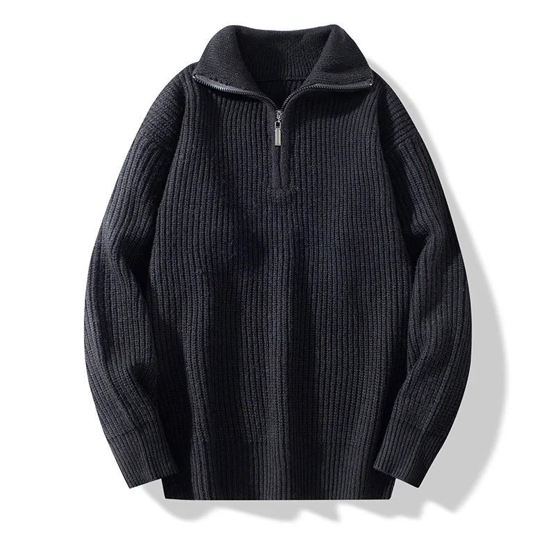 Sweater Herre Casual Varm Løs Lynlås Langærmede Sweatere Jumper Tøj Strik Pull - Sort