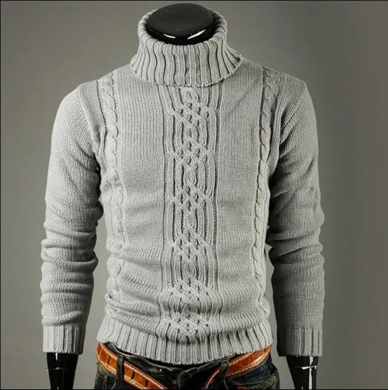 Sweater Pullover Mænd Mand Casual Slanke Sweatere Solid Høj Revers Jacquard Hedging - Mørkegrå