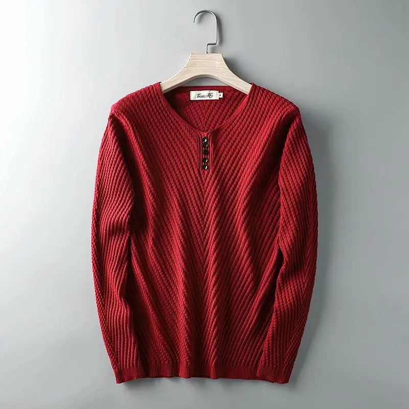 Trøjer Pullover Mænd Solid Varm Slim Fit Sweater Strik Pull Komfortabelt Strikket Overtøj - Rød