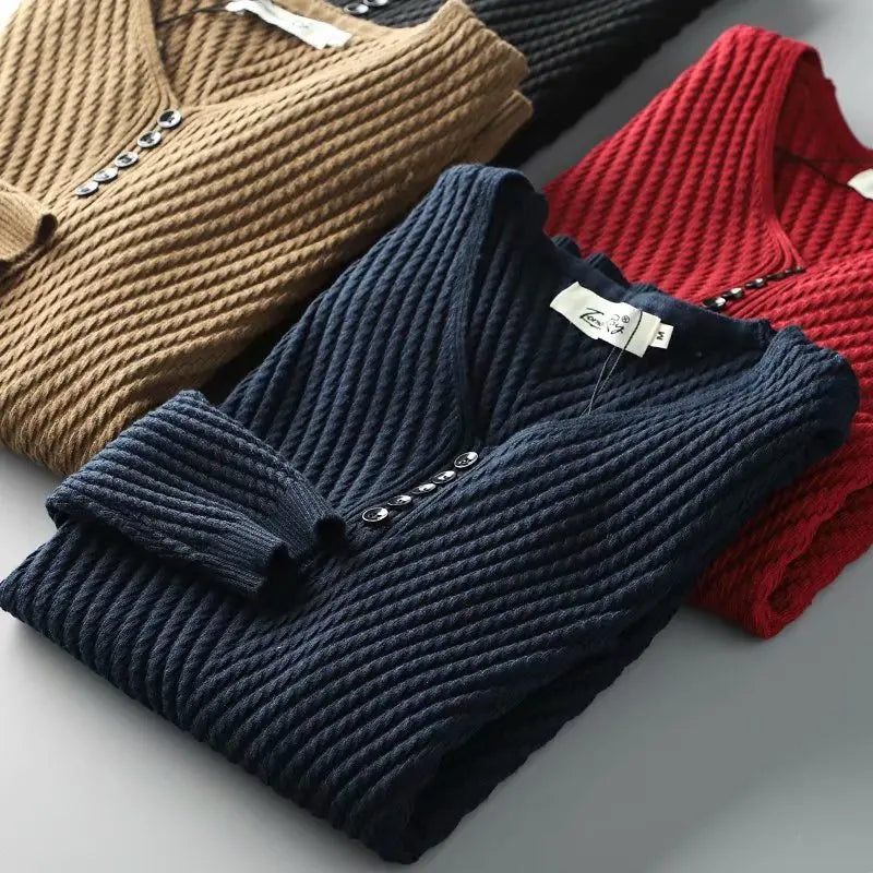 Trøjer Pullover Mænd Solid Varm Slim Fit Sweater Strik Pull Komfortabelt Strikket Overtøj - Rød