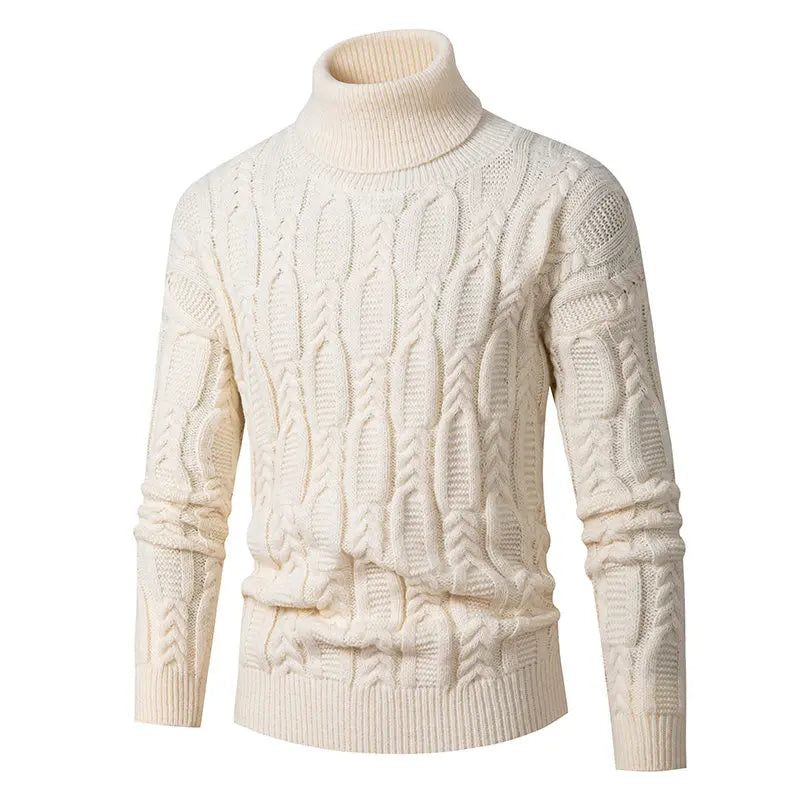 Turtleneck Jacquard Sweater Mænd Vintage Warm Solid Pullover Pull Marque Luxe - Beige Hvid