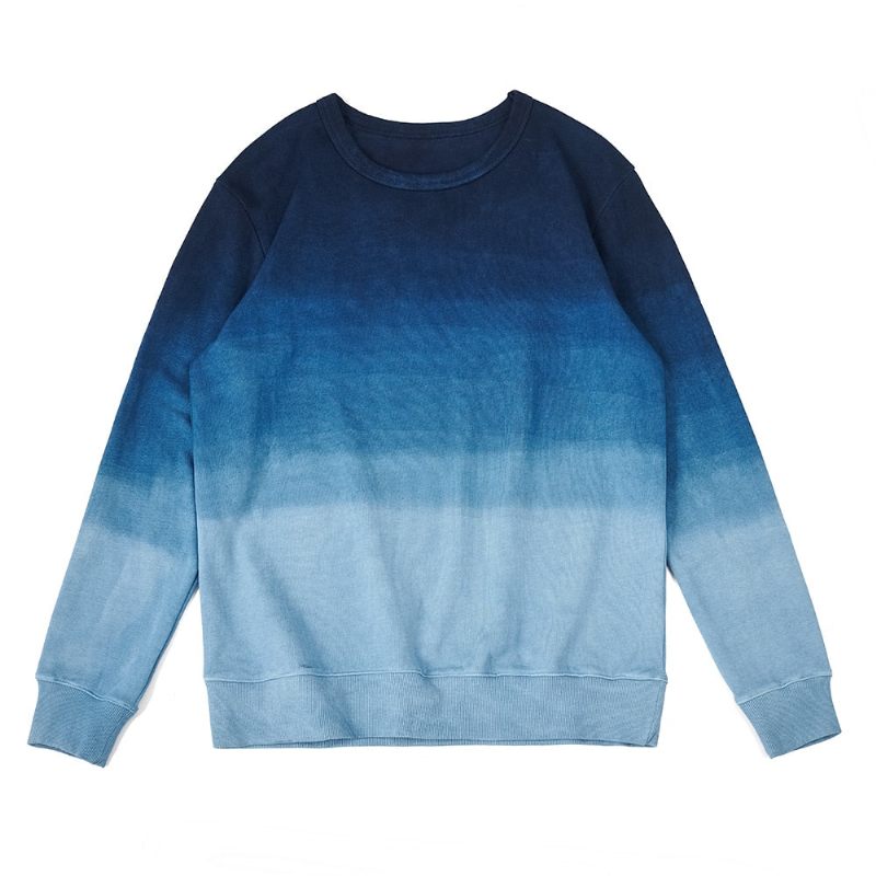 Vintage Kæmmet Bomuld Indigo Sweatshirt Til Mænd Forår Efterår Gradient Hættetrøje Uden Toppe - Gradient Blå