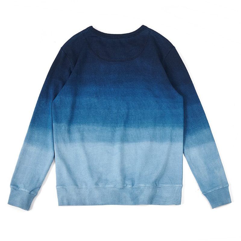 Vintage Kæmmet Bomuld Indigo Sweatshirt Til Mænd Forår Efterår Gradient Hættetrøje Uden Toppe - Gradient Blå