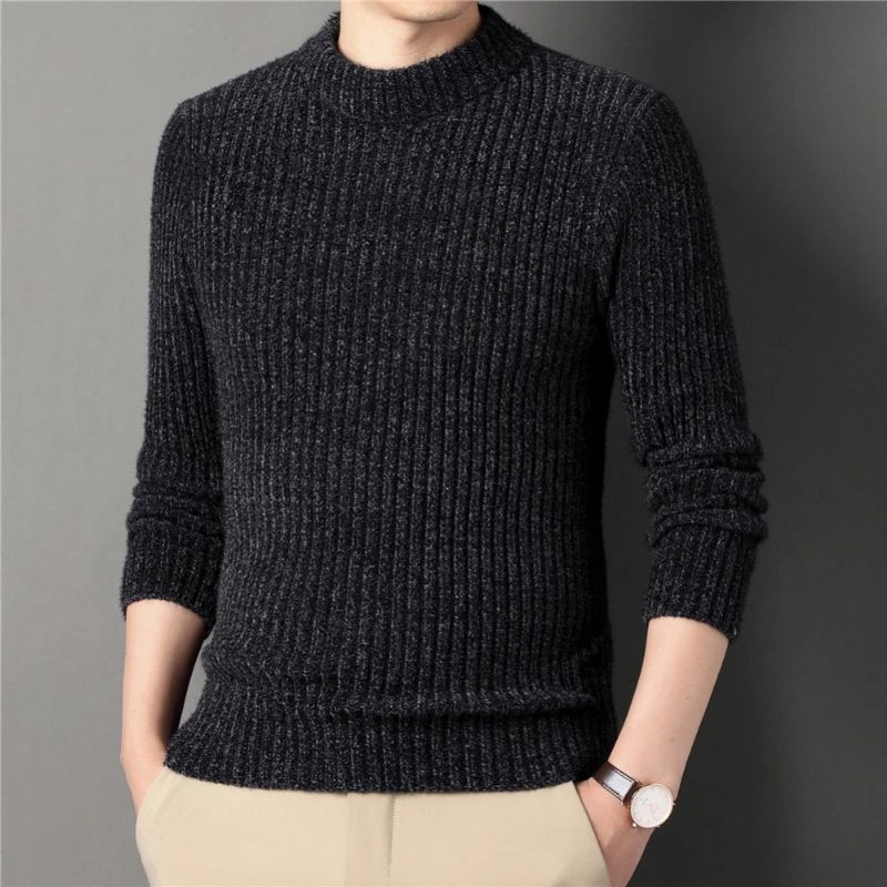 Vinter Tyk Varm Sweater Mandlige Rullekrave Pullover Herretøj Slim Fit Striktrøjetrøje - Sort