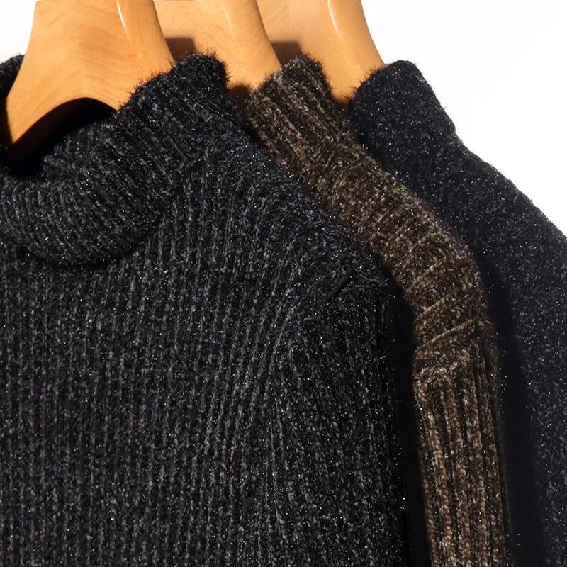 Vinter Tyk Varm Sweater Mandlige Rullekrave Pullover Herretøj Slim Fit Striktrøjetrøje - Sort