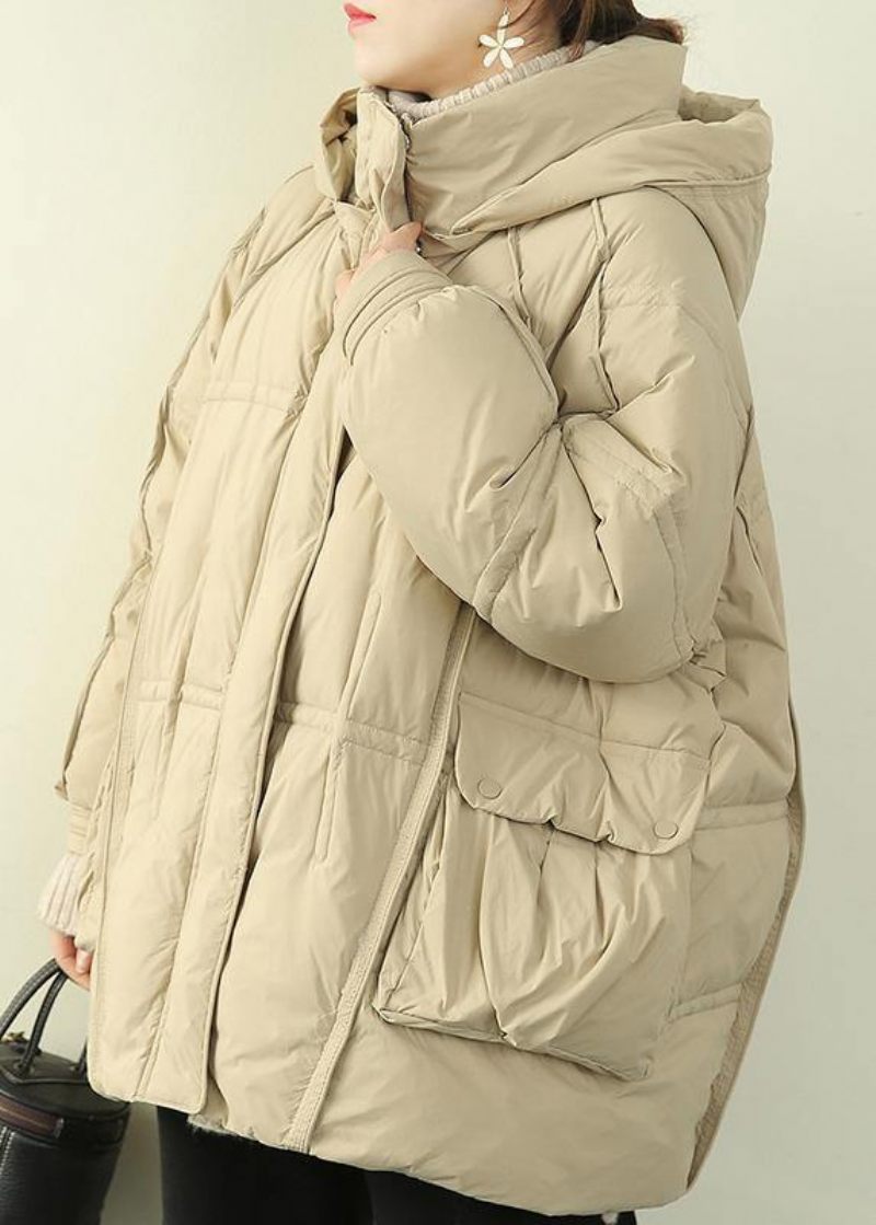 2024 Oversize Varm Vinterfrakke Vinterstativ Kravefrakker Beige Hætte Vinter Outwear