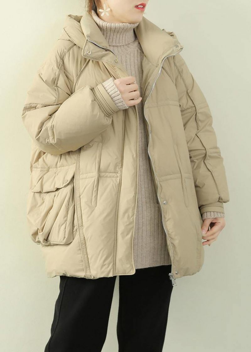 2024 Oversize Varm Vinterfrakke Vinterstativ Kravefrakker Beige Hætte Vinter Outwear - Beige