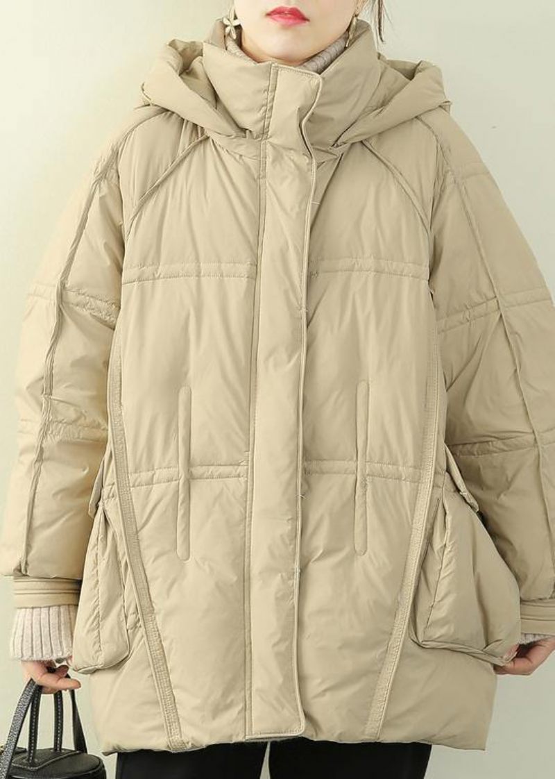 2024 Oversize Varm Vinterfrakke Vinterstativ Kravefrakker Beige Hætte Vinter Outwear - Beige