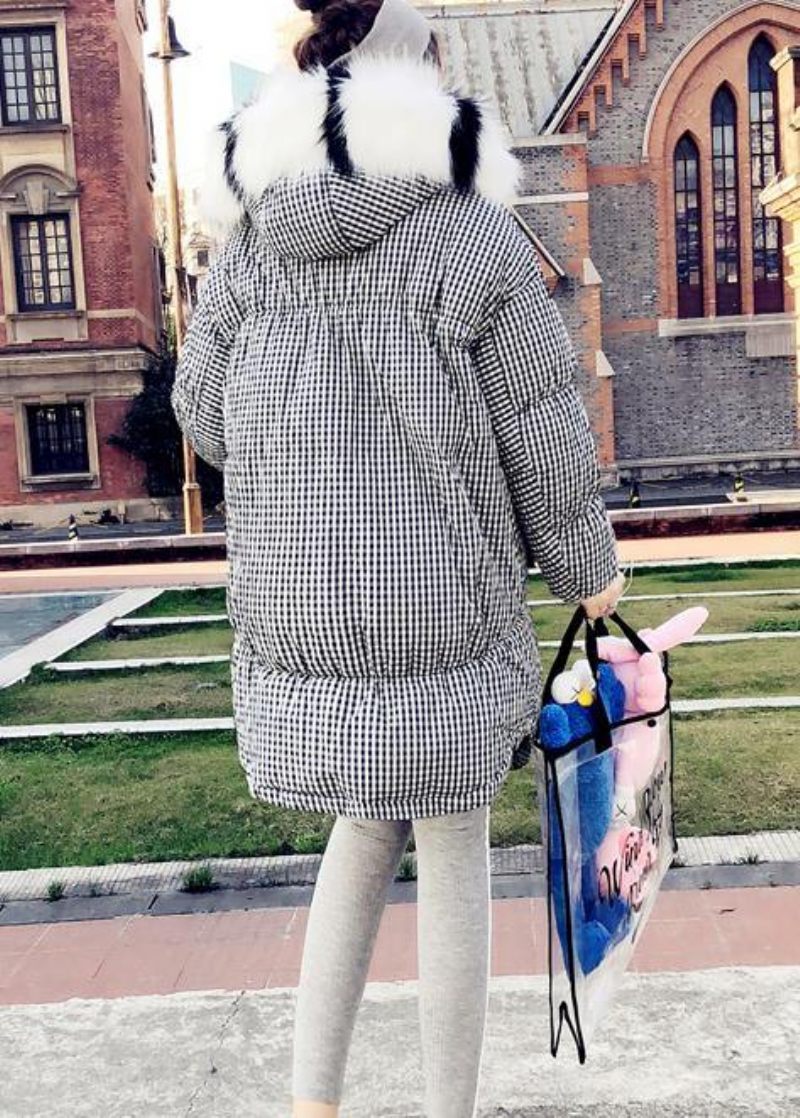 2024 Sort Plaid Dunjakke Kvinde Plus Size Tøj Parka Hætte The Rabbit Uld Elegante Frakker - Dame dunjakker