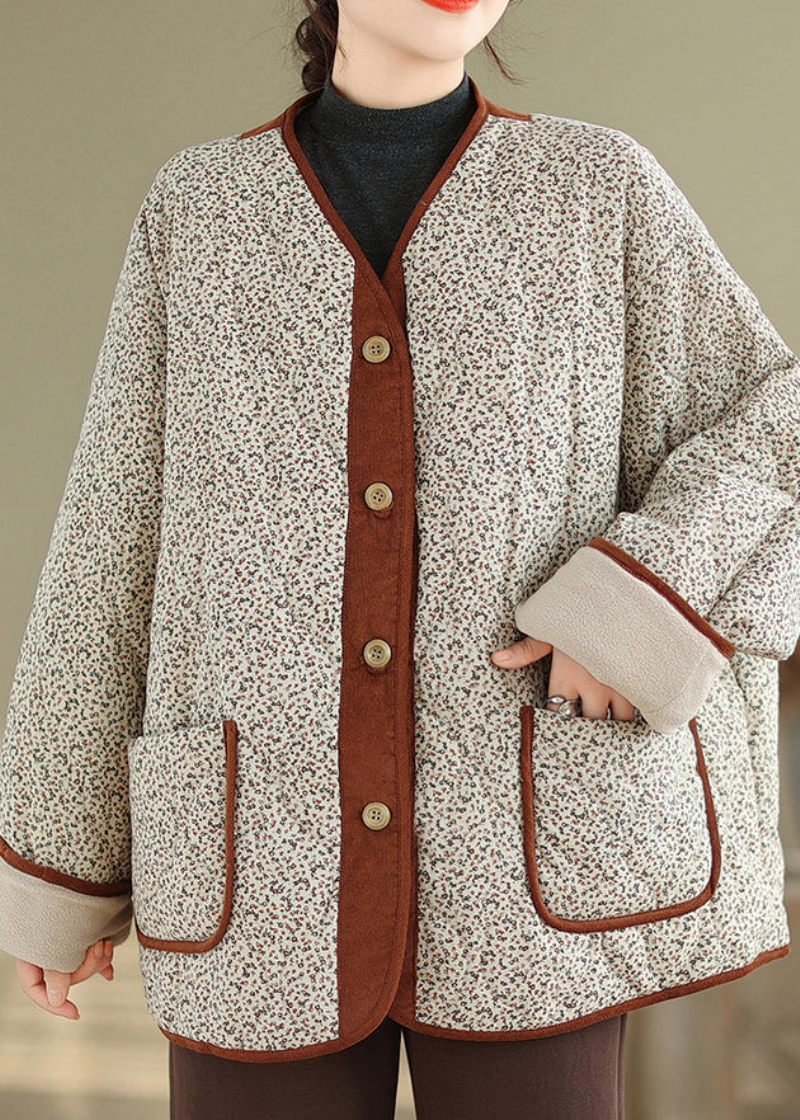 Abrikoslommer Print Varm Fleece Coat Outwear V-hals Vinter - Dame dunjakker