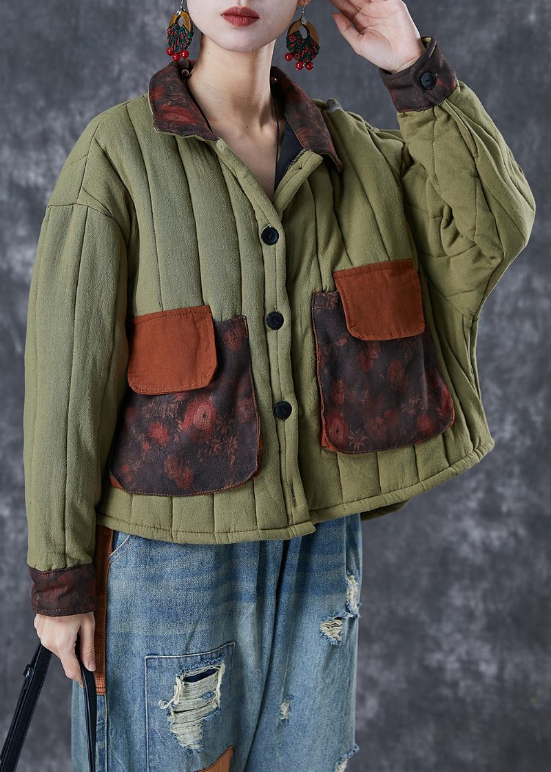 Army Green Patchwork Lommer Fin Bomuld Fyldt Frakke Oversized Vinter