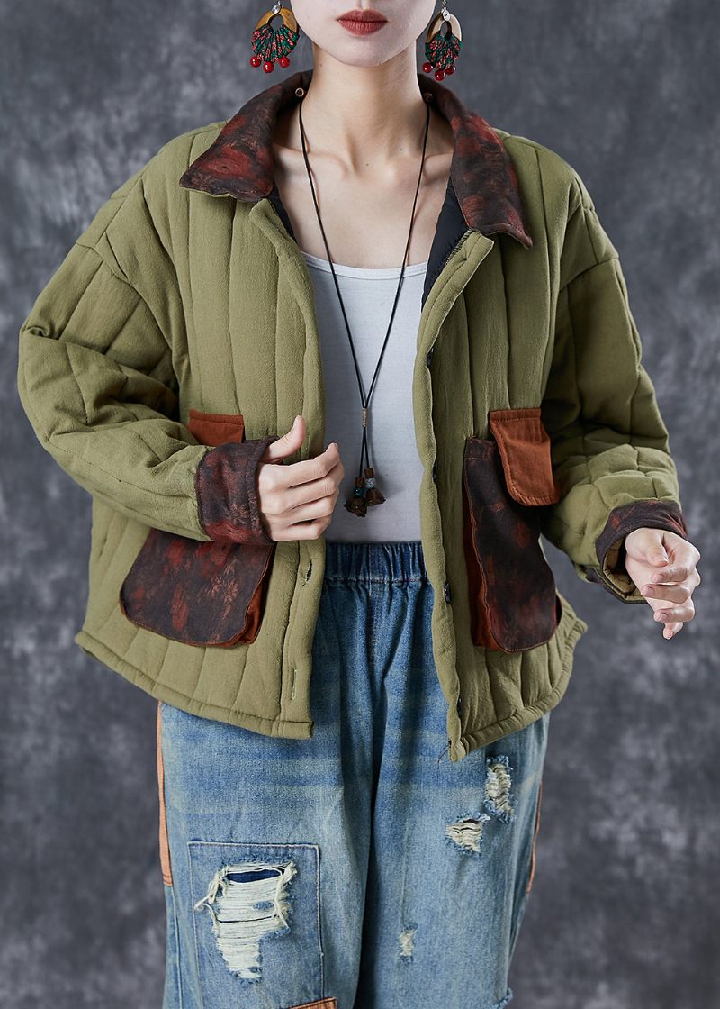 Army Green Patchwork Lommer Fin Bomuld Fyldt Frakke Oversized Vinter - Dame dunjakker