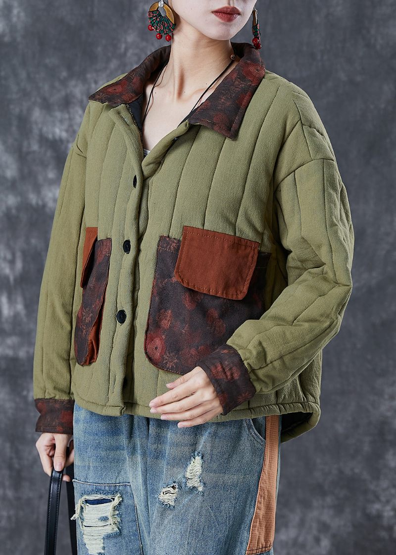 Army Green Patchwork Lommer Fin Bomuld Fyldt Frakke Oversized Vinter - Dame dunjakker