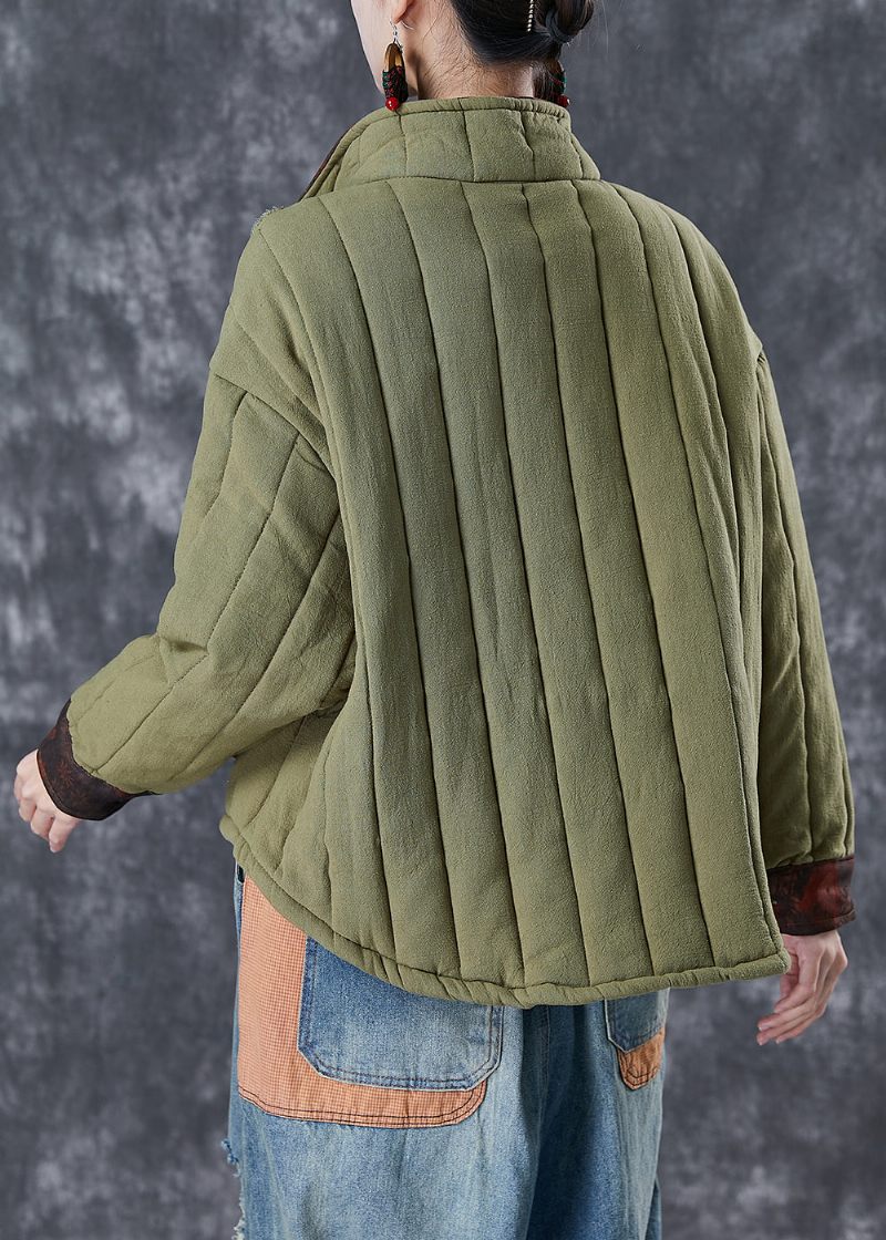 Army Green Patchwork Lommer Fin Bomuld Fyldt Frakke Oversized Vinter - Dame dunjakker