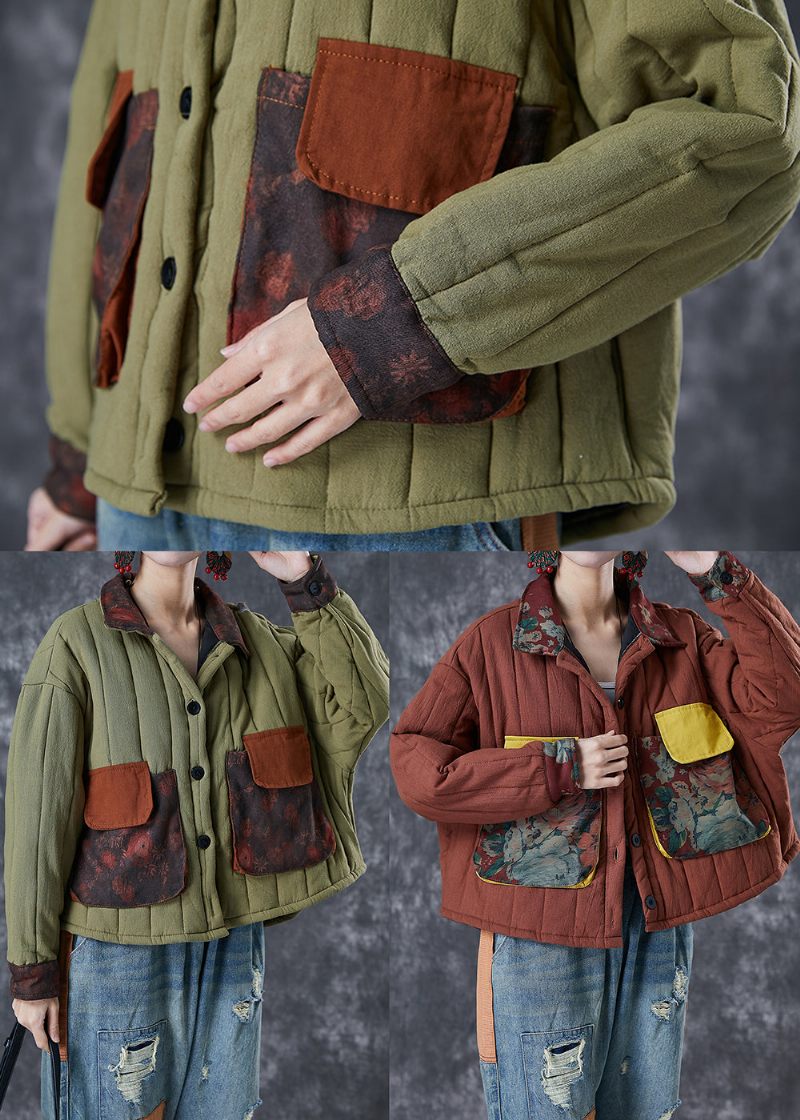 Army Green Patchwork Lommer Fin Bomuld Fyldt Frakke Oversized Vinter - Dame dunjakker