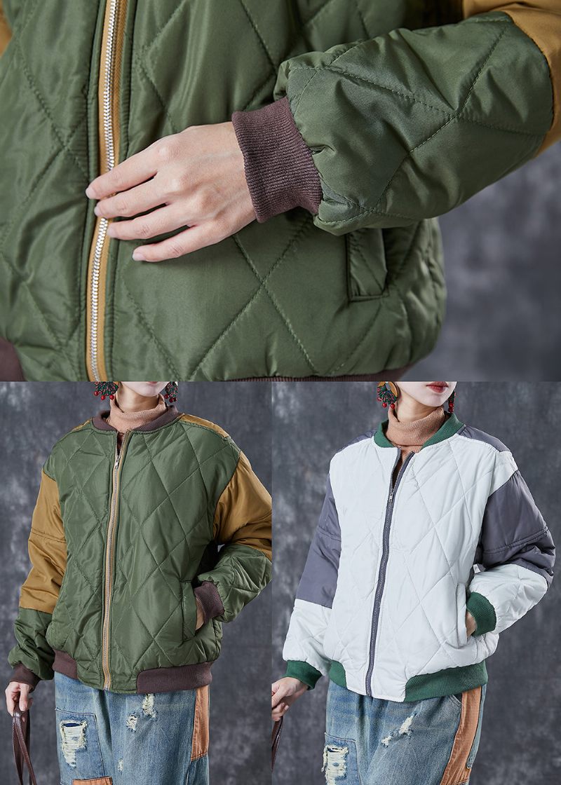 Art Army Green Zip Up Patchwork Fine Bomuldsfyldte Parkaer Vinter - Dame dunjakker