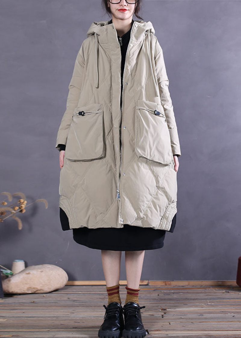 Art Khaki Hooded Lommer Andedun Vinterdunfrakke