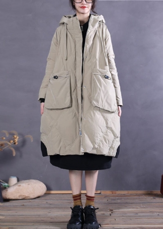 Art Khaki Hooded Lommer Andedun Vinterdunfrakke