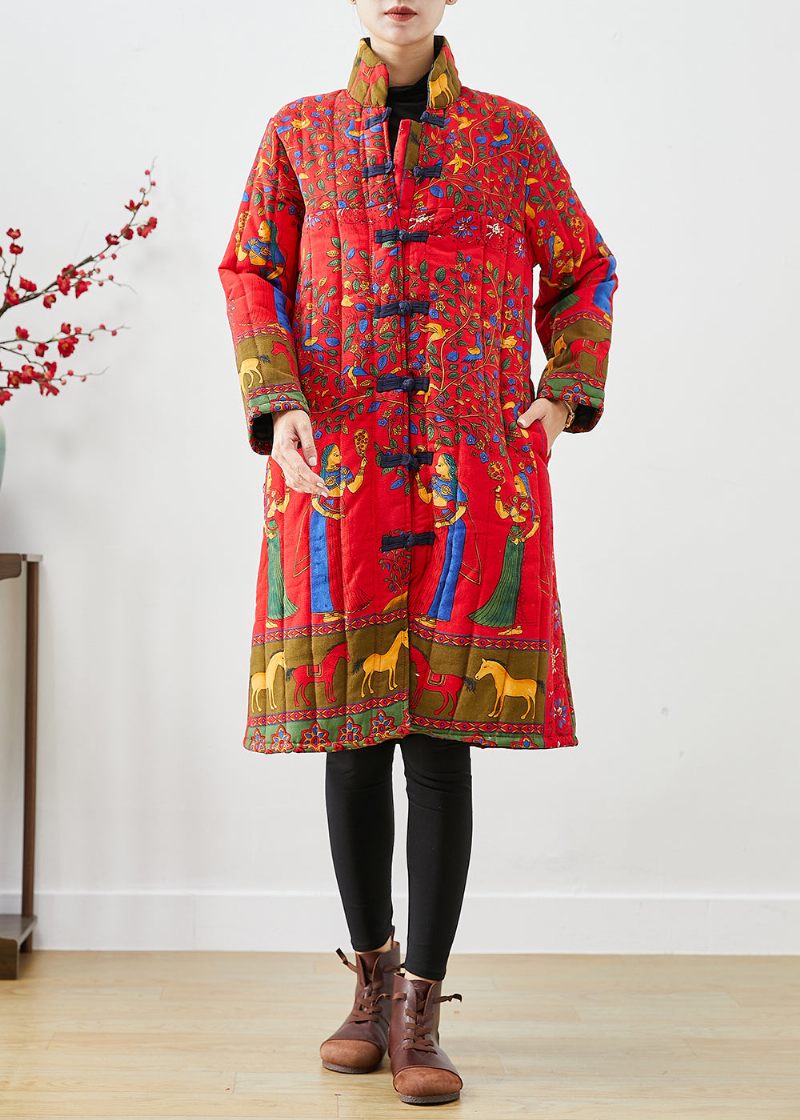 Art Red Mandarin Krave Print Fine Bomuld Fyldt Parka Winter - Dame dunjakker