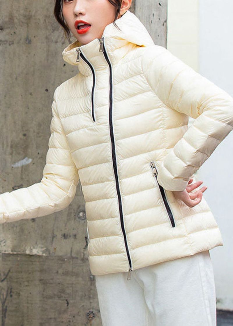 Art White Stand Krave Hooded Zip Up Lommer Duck Down Puffer Jacket Winter - Hvid