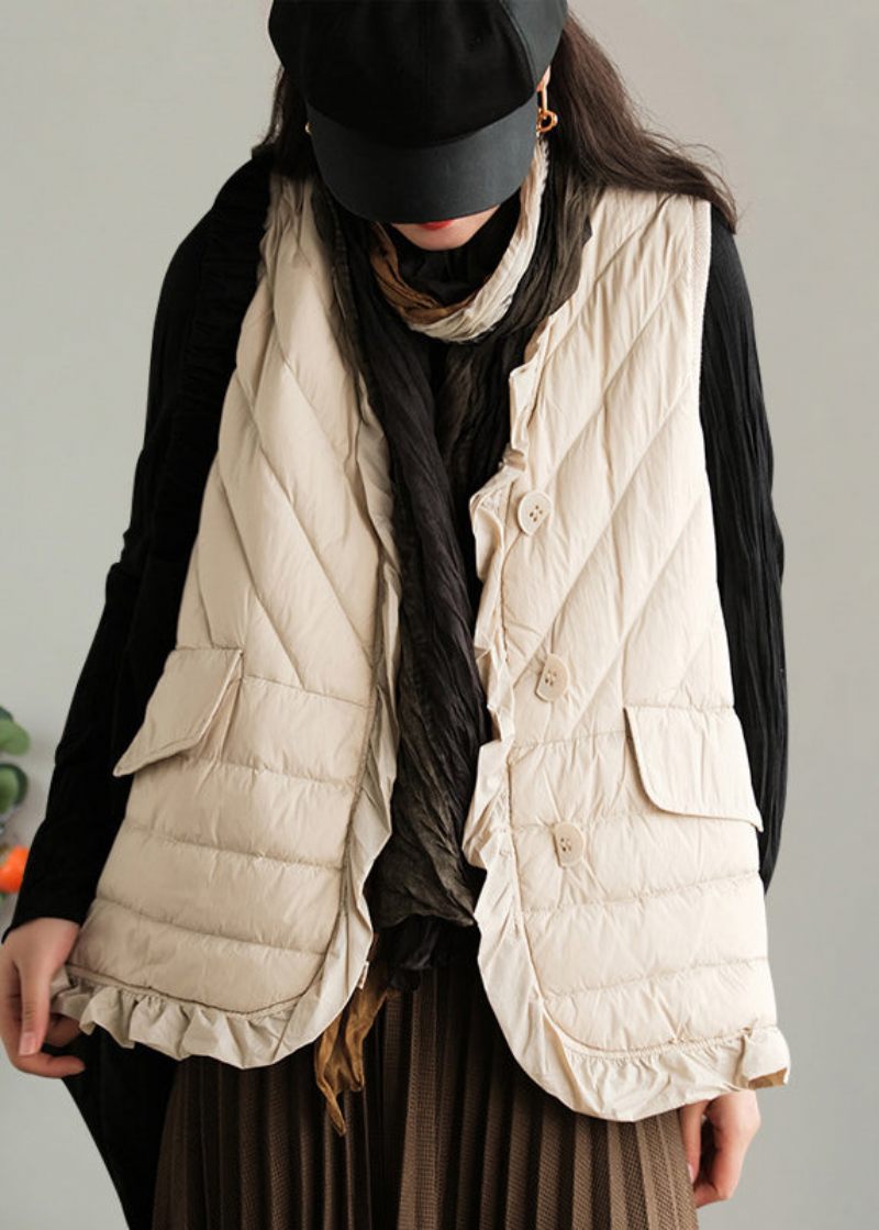 Beige Flæsede Patchwork Knap Andedun Vest Ærmeløs