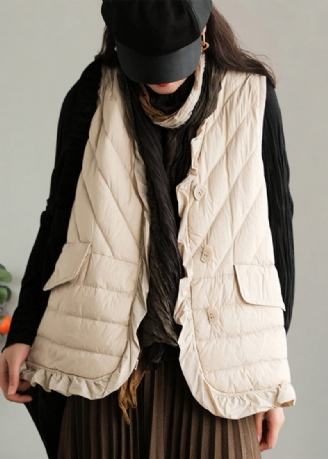 Beige Flæsede Patchwork Knap Andedun Vest Ærmeløs