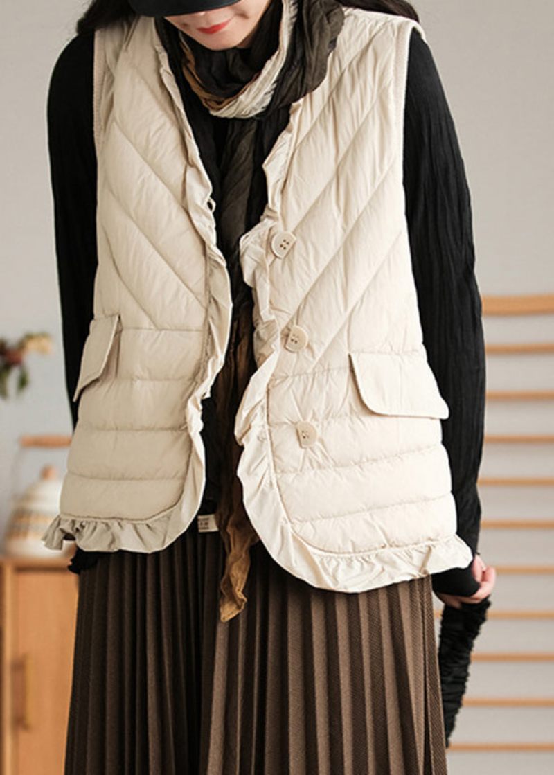 Beige Flæsede Patchwork Knap Andedun Vest Ærmeløs - Beige