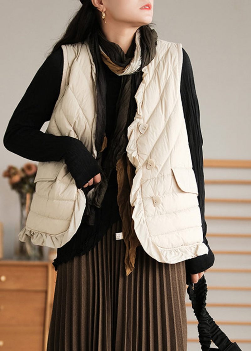 Beige Flæsede Patchwork Knap Andedun Vest Ærmeløs - Beige