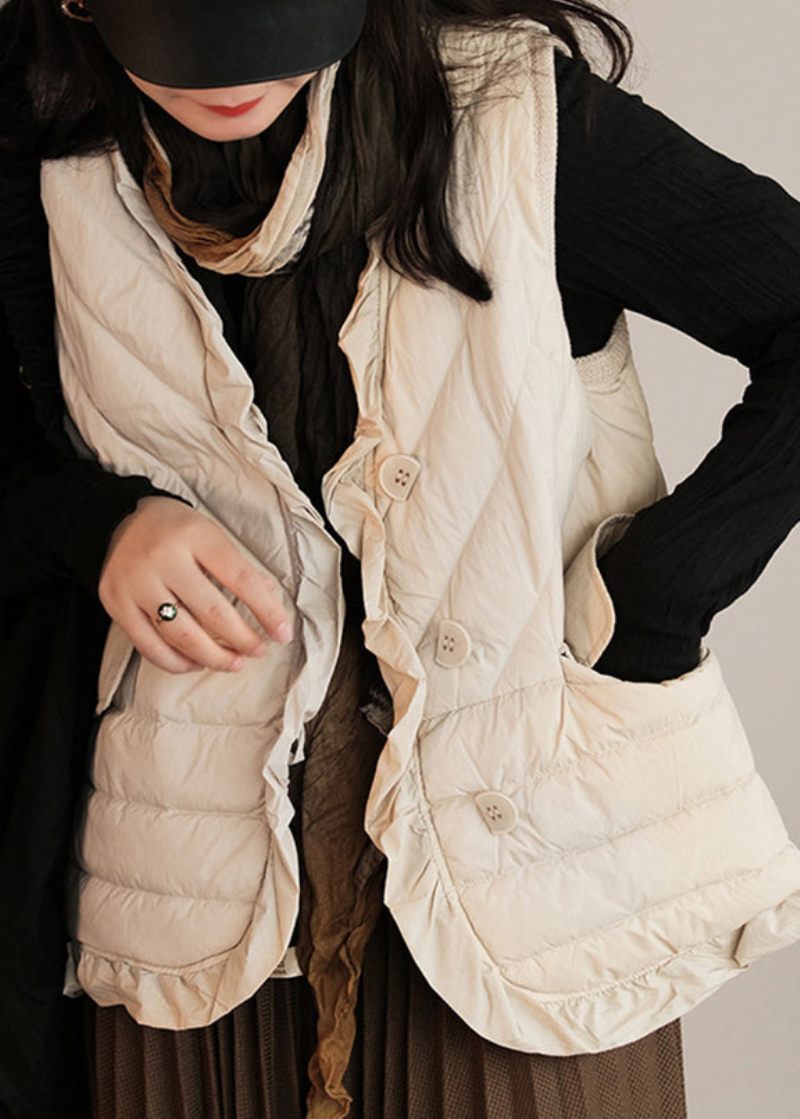 Beige Flæsede Patchwork Knap Andedun Vest Ærmeløs - Beige