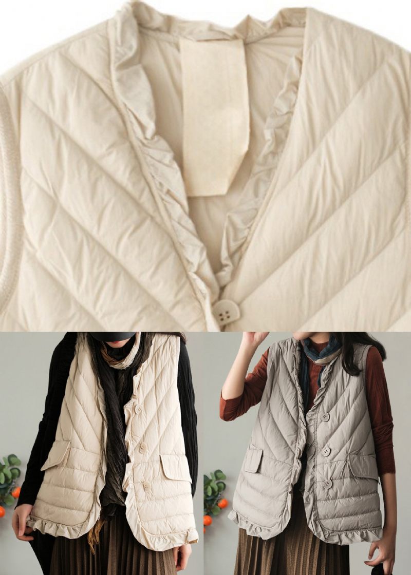 Beige Flæsede Patchwork Knap Andedun Vest Ærmeløs - Beige