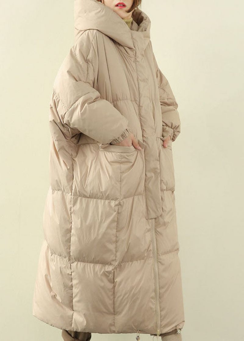 Beige Lommer Duck Down Dun Frakke Zip Up Winter - Sort