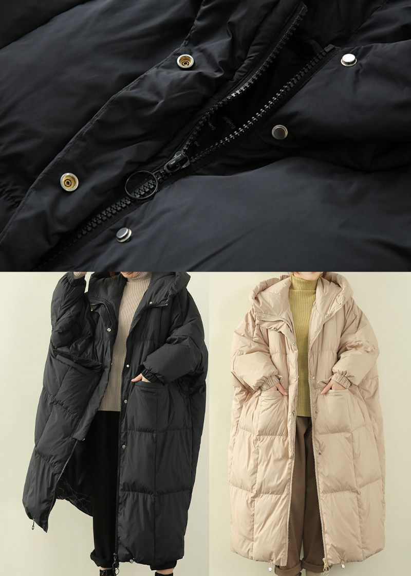 Beige Lommer Duck Down Dun Frakke Zip Up Winter - Sort