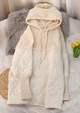 Beige Strik Patchwork Hyggelig Tynd Mid Parka Top Hætte Vinter