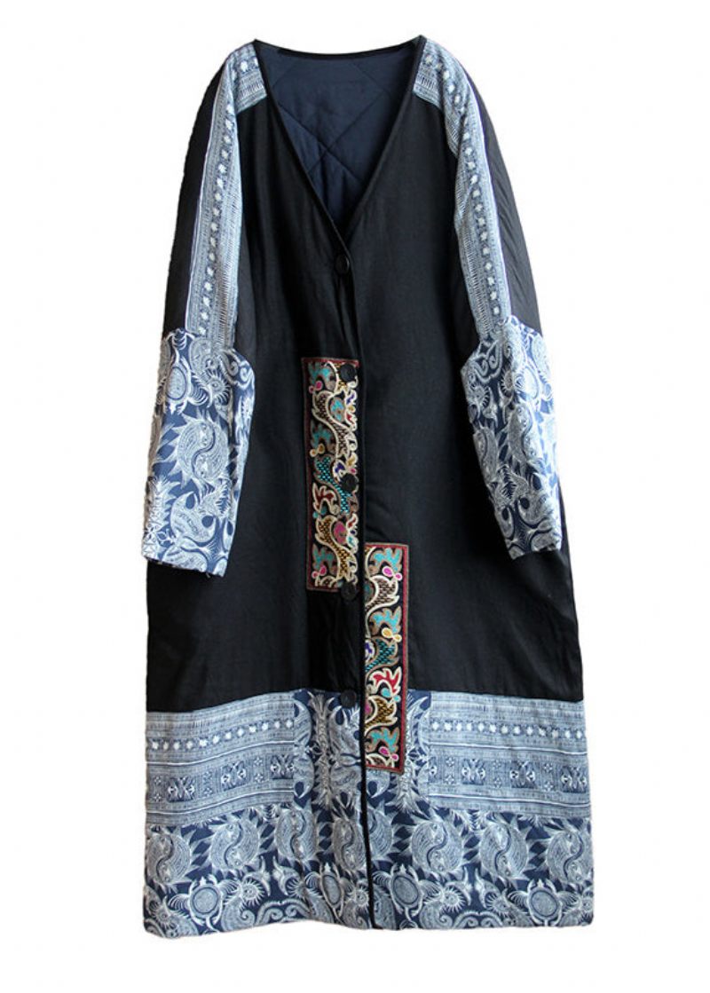 Bohemian Black Broderet Patchwork Fin Bomuld Fyldt Frakke Spring - Dame dunjakker