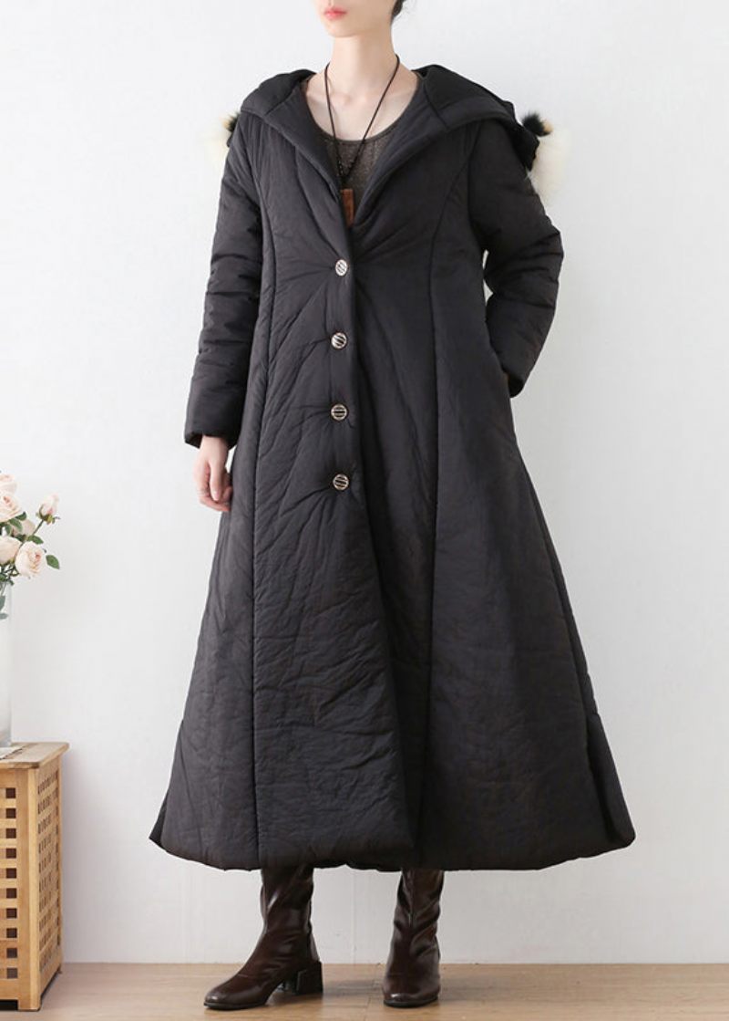 Bohemian Black Button Hooded Long Parka Winter - Sort