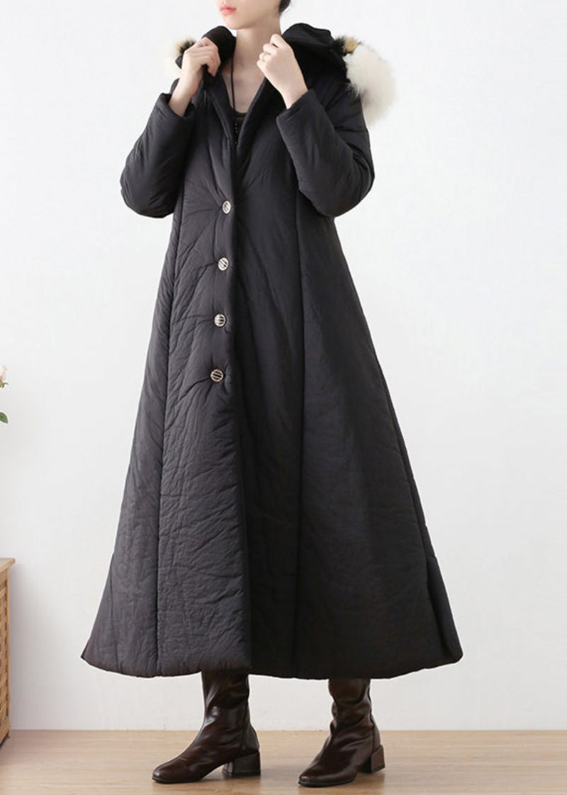 Bohemian Black Button Hooded Long Parka Winter - Sort