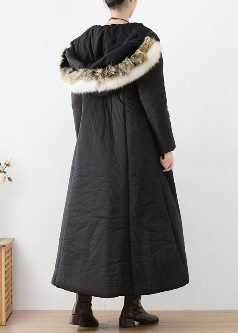 Bohemian Black Button Hooded Long Parka Winter - Sort