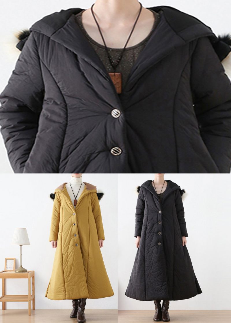 Bohemian Black Button Hooded Long Parka Winter - Sort