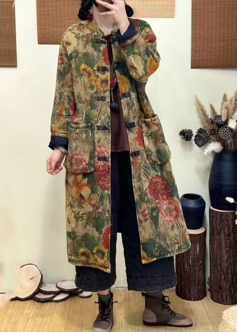 Bohemian Green Lommer Print Kinesisk Button Fin Bomuld Fyldt Frakke Vinter - Dame dunjakker