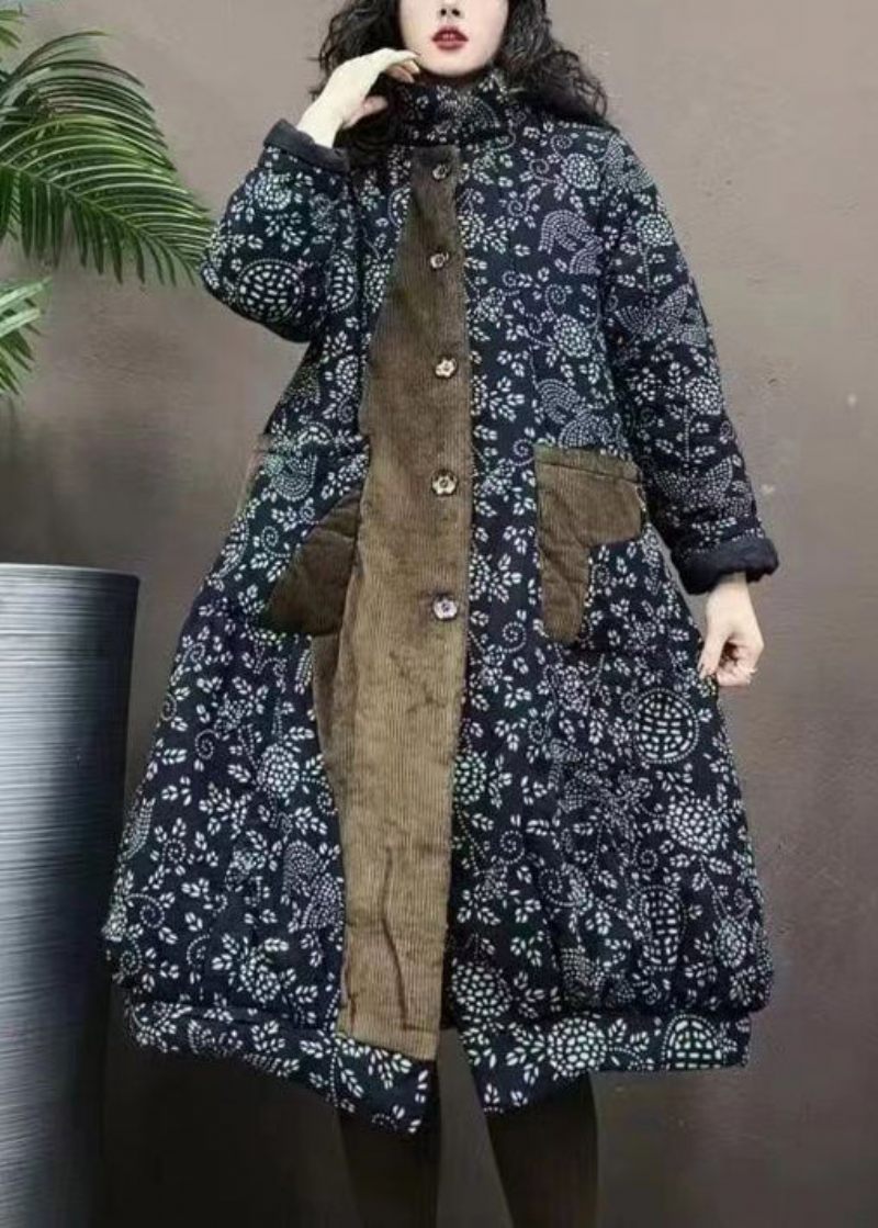 Bohemian Navy Lommer Print Patchwork Varme Fleece Frakker Vinter - Dame dunjakker