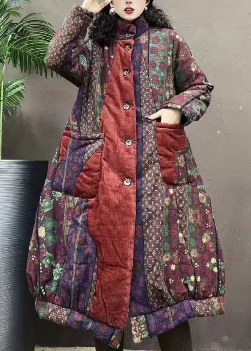 Bohemian Navy Lommer Print Patchwork Varme Fleece Frakker Vinter - Dame dunjakker