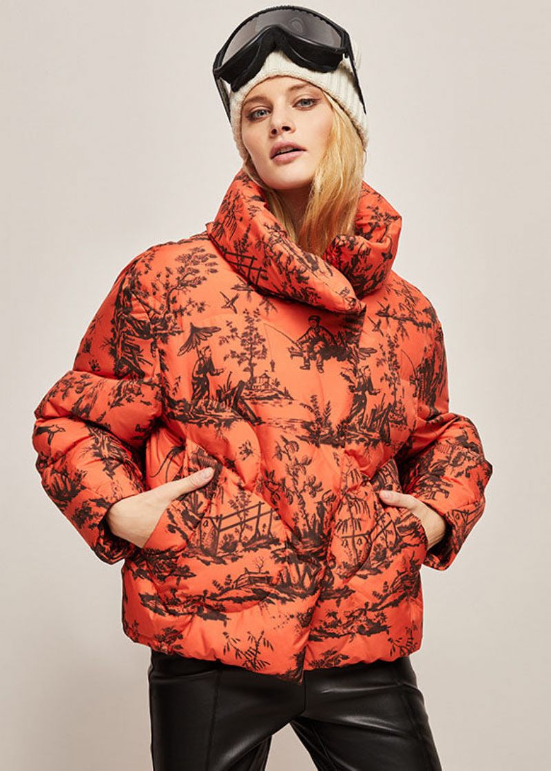 Bohemian Orange Stand Krave Zip Up Print Andedun Jakker Vinter - Orange